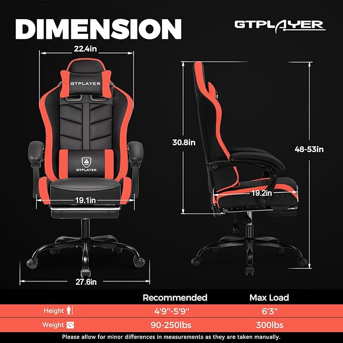 GTPLAYER Gaming Chair Ergonomic Game Computer Chairs with Foot Rest for Adults Adjustable PC Game Chair with Reclining Function and Comfortable Headrest for Home and Office Use (RED)