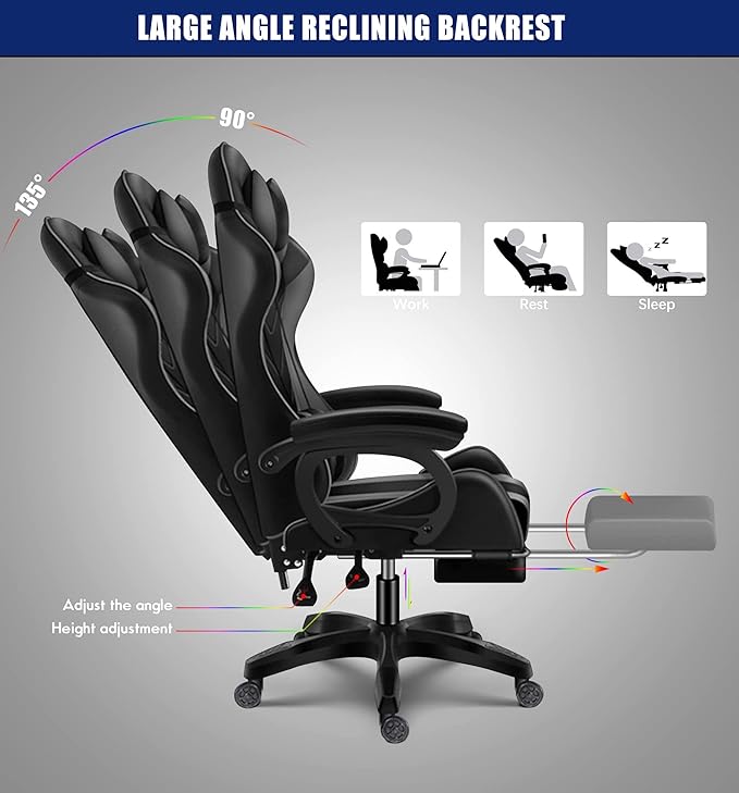 TBQATNTS Gaming Chair Gaming Chair with 7-Point Massage Function Computer Chair with Speakers and RGB Lights Ergonomic Racing Chair Gaming Chair for Adults with Headrest and Lumbar Pillow.White
