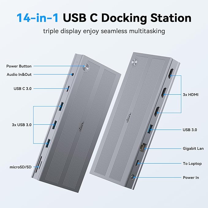 4URPC USB C Docking Station Triple Display with 120W Power Adapter 3X HDMI Laptop Docking Station 3 Monitor for Windows MacBook/Mac mini M4(5 USB Ethernet SD/microSD)