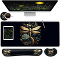 Large Mouse Pad + Keyboard Wrist Rest Set Extended Gaming Mousepad (31.5X11.8 inch) with Non-Slip Rubber Ergonomics Memory Foam Mouse Wrist Rest Support Golden Dragonfly and Flowers XXL Desk Pad