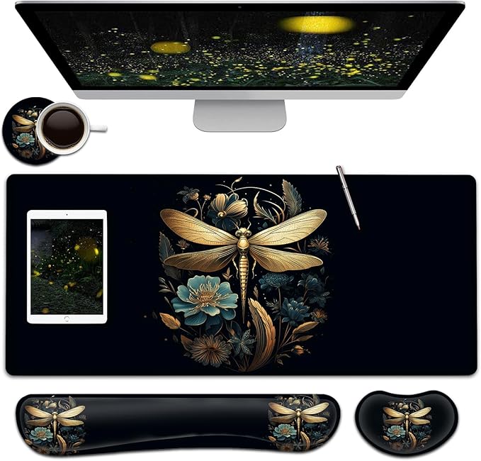 Large Mouse Pad + Keyboard Wrist Rest Set Extended Gaming Mousepad (31.5X11.8 inch) with Non-Slip Rubber Ergonomics Memory Foam Mouse Wrist Rest Support Golden Dragonfly and Flowers XXL Desk Pad