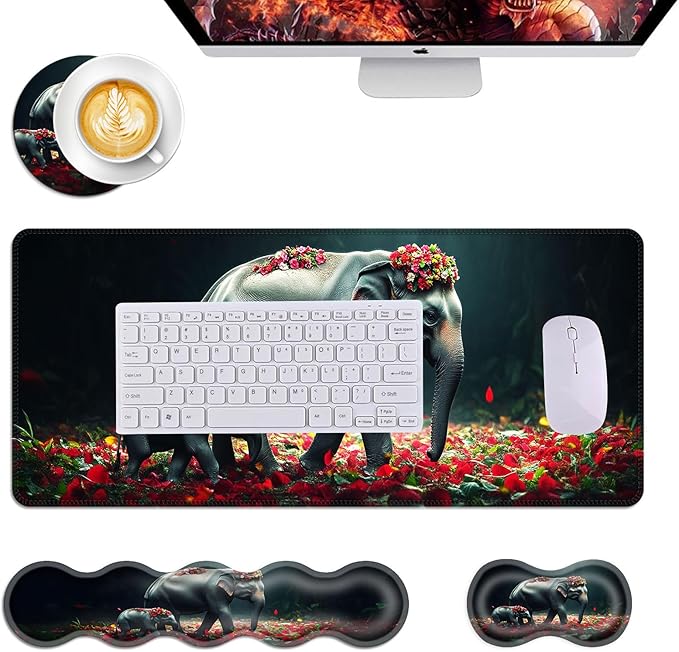 Mouse PadLarge Desk Mat Set 4in1 XL Mousepad + Keyboard Wrist Rest+Mouse Wrist Rest+Coaster with Ergonomic Desk Pad for Home Office Table Computer Cover -Mother and Baby Elephants