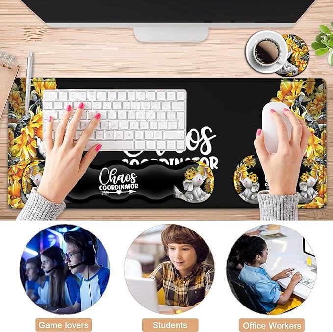 Desk Mouse Pad Office Large Mousepad Extended XXL (31.5x11.8in) Anime Cartoon Cute Baby Elephants with Sunflowers Gaming Mouse Mat Rubber Base Stiched Edges + Memory Foam Keyboard Wrist Rest