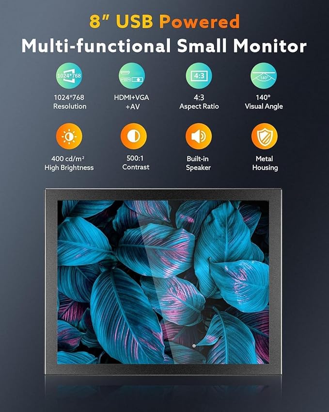 Eyoyo 8 inch Small Mini Monitor 1024x768 Resolution Car Rear View TFT LCD Screen Display with HDMI/VGA/AV Video Input for PC DVD DVR CCD 140° Wide Angle Metal Housing