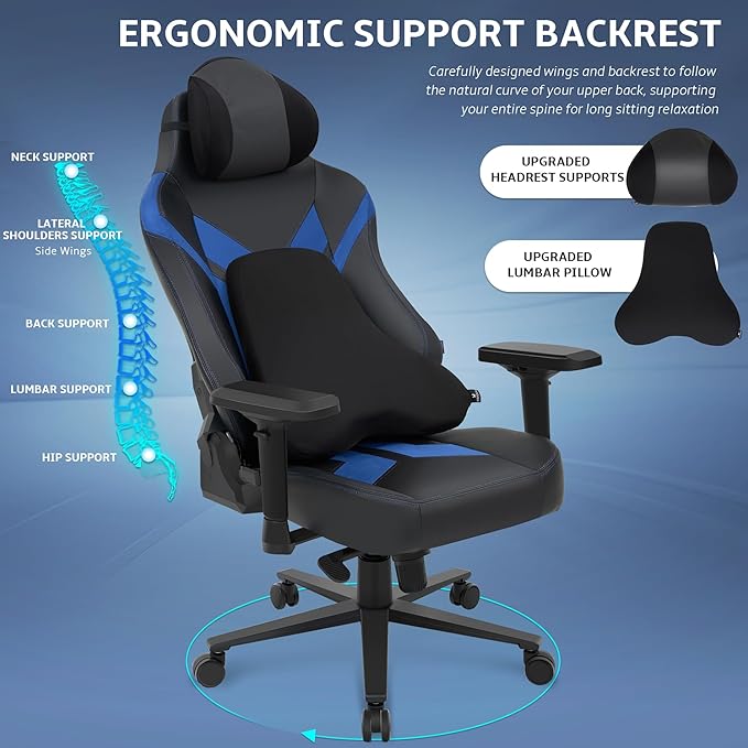 Ergonomic Gaming Chair Computer Desk Chairs 4D Armrests High Back Office Chair with Headrest &amp Lumbar Pillow Tilt Rocker Recliner Heavy-Duty Base Black PU Leather &amp Blue Suede Combo