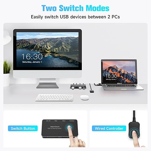 RSHTECH USB 3.2/USB C Switch 10Gbps 2 Computers Share 4 USB 3.2 Ports(2 USB-A+2 USB-C) USB Switcher Selector with 2 Cables and Controller for PC Laptop (No Video Output or Charging)