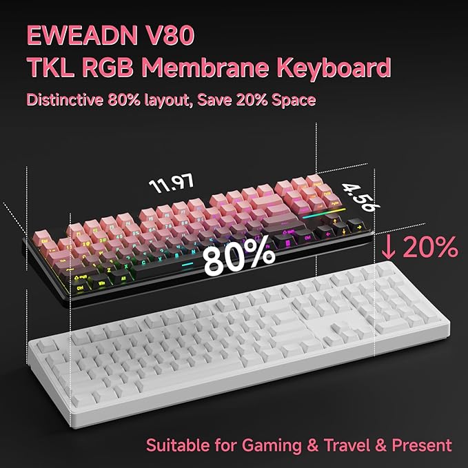 V80 Wired TKL RGB Gaming Keyboard 80% Compact Layout with PBT Keycaps Whisper Quiet Membrane Switch 26-Key Anti-Ghosting Ergonomic Computer Keyboard for Laptop PC Gamer - BlackBerry Pink