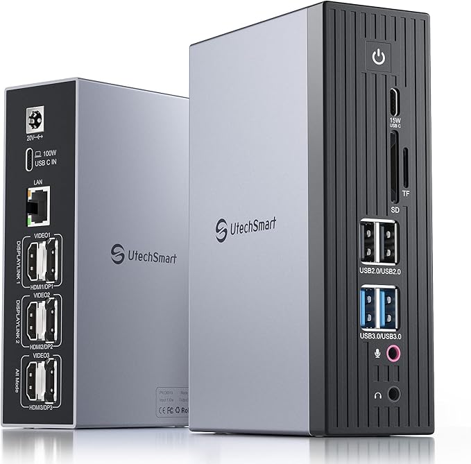 UtechSmart 3 Monitor 18 in 1 Docking Station 4K@60Hz Thunderbolt 3/4 USB-C Windows &amp MacBook Grey