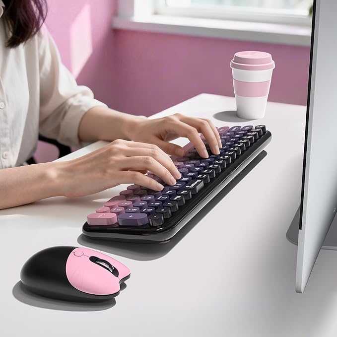 Wireless Keyboard and Mouse Combo MOWUX Compact Typewriter Retro Round Computer Keyboard Cute Optical Mouse Wireless Plug and Play for Laptop PC Computer- Plum Pink Gradient