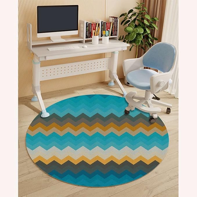 Multicolor PU Leather Decorative Round Rug Office Chair Mat Waves Geometric Retro Style Tiling Protector for Hardwood Tile Floor Multi-Purpose Anti-Slip Desk Chair Mat Classic Diameter 47.2 in