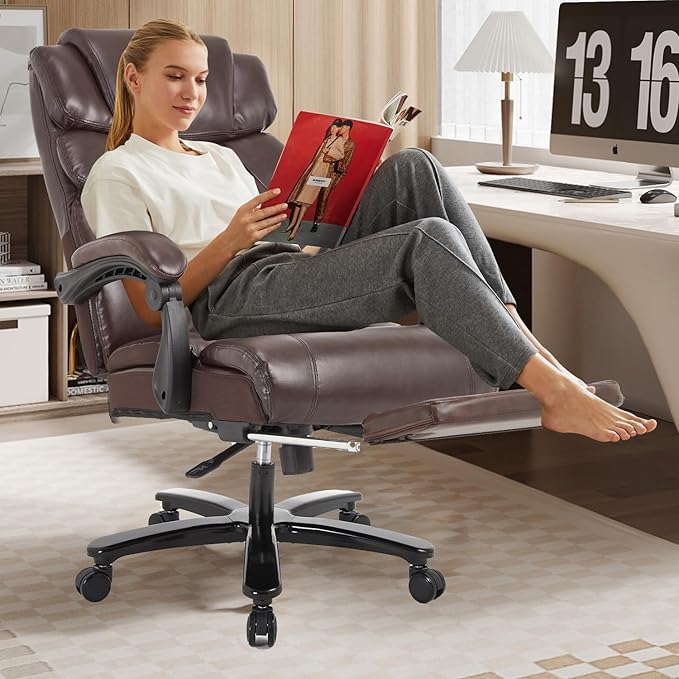 Heavy Duty Executive Office Chair 550lbs Big and Tall Office Chair with Wide Seat Reclining Ergonomic Desk Chair with Footrest PU Leather Computer Chair for Home Office Brown