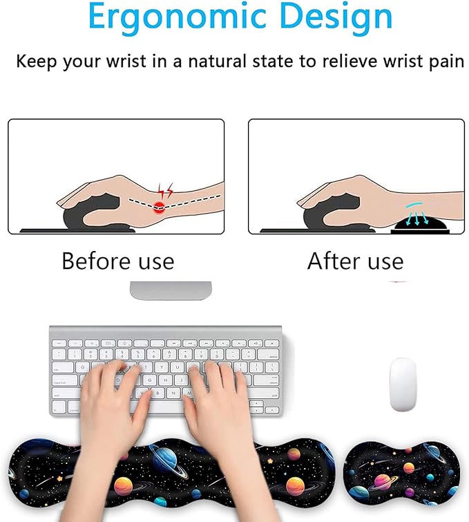 Keyboard Wrist Rest SetMemory Foam Wrist Support Mouse Pad31.5x11.8 Desk Mat for Comfortable Typing &amp Pain ReliefNon-Slip Base for Office &amp Home Use - Space Planet