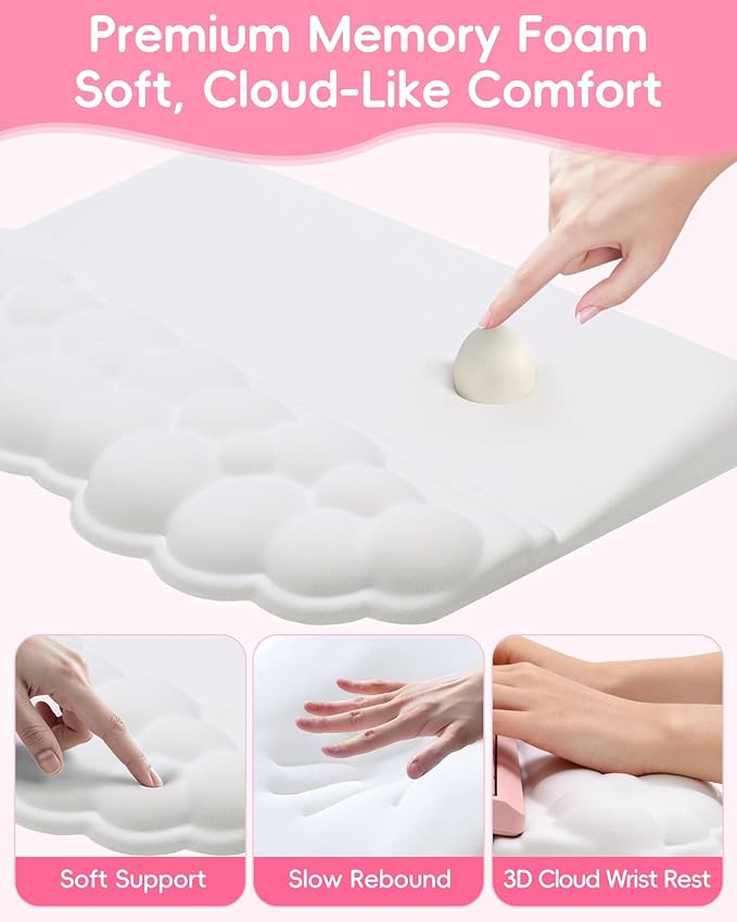 Cloud Wrist Rest Set for Keyboard and Mouse Ergonomic Memory Foam Wrist Support &amp Adjustable Keyboard Stand with Two Typing Angles Silky Lycra Surface Non-Slip Base (White)