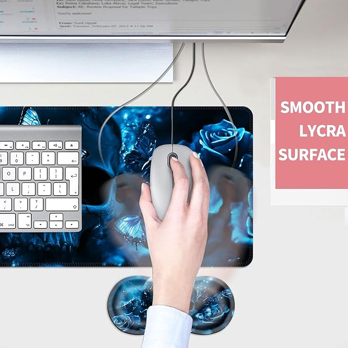 Mouse PadLarge Desk Mat Set 4in1 XL Mousepad + Keyboard Wrist Rest+Mouse Wrist Rest+Coaster with Ergonomic Desk Pad for Home Office Table Computer Cover -Skull with Butterflies and Roses