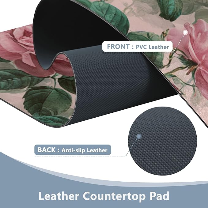 Mouse Pad Desk Mat Leather Desk Pad Large Gaming Desk Cover Protector Mat for Keyboard Computer Laptop Office Waterproof 35.4 x 16.5 Inch Pink Vintage Roses with Leaves