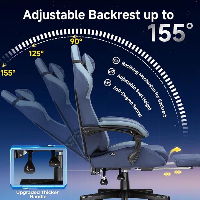 GTPLAYER Gaming Chair Video Game Chairs with Footrest and Lumbar Support Computer Chair for Adults with Extended Backrest Ergonomic Reclining Silla Gamer Fabric Dark Blue