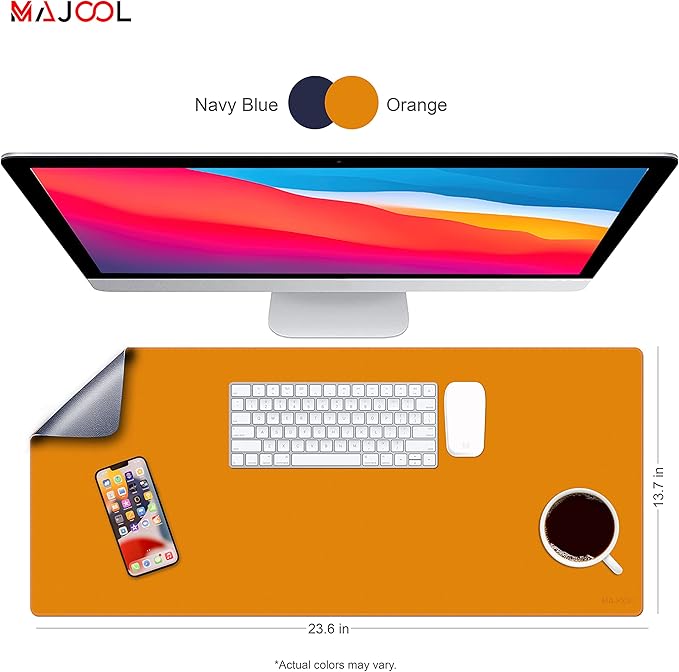 MAJOOL Leather Double-Sided Desk Pad Protector Mouse Pad Office Desk Mat Large Mouse Pad Waterproof Desk Writing Pad for Laptop Computer Desk (23.6x13.7) (Navy Blue | Orange)