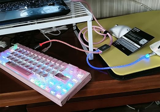 2-in-1 USB C Dual 8K Mechanical Keyboard Magnetic Axis Cable 6mm Thick Braided RGB Flash Cable No Interruption Metal Plug for Mechanical Keyboards/Mice/Hubs USB-C to USB-A1.5Meter (Pink)