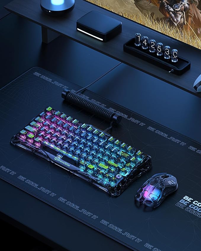 GravaStar Mercury K1 Lite 75% Gaming Keyboard 2.4GHz/BT/Wired Tri-Mode Wireless Keyboard Gasket Hot Swappable Mechanical Keyboard Pre-lubed Linear Switches RGB Backlit (Transparent Black)