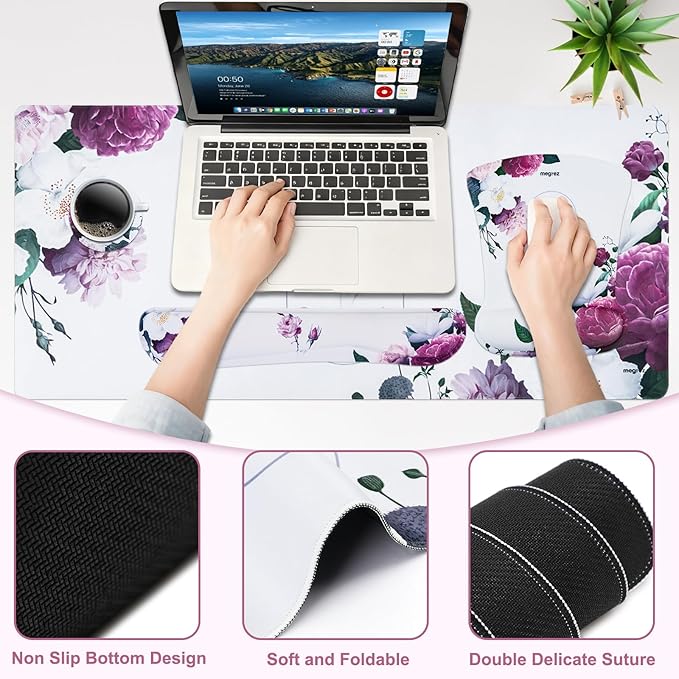 MEGREZ 4-in-1 Ergonomic Memory Foam Wrist Rest Set Desk Pad Mouse Pad with Wrist Rest Keyboard Pad Suitable for Office Workers Programmers &amp Gamers–Relieve Typing &amp Gaming Fatigue White