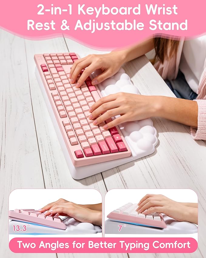 Cloud Wrist Rest Set for Keyboard and Mouse Ergonomic Memory Foam Wrist Support &amp Adjustable Keyboard Stand with Two Typing Angles Silky Lycra Surface Non-Slip Base (White)