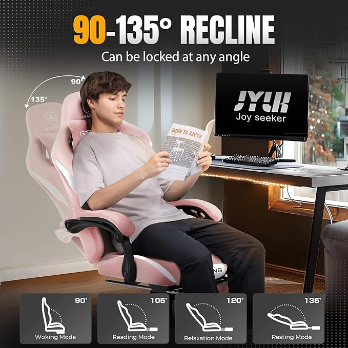 GTPLAYER Gaming Chair with Foot Rest &amp Pocket Spring Cushion Ergonomic High Back Computer Desk Chair with Headrest &amp Lumbar Support for Back Pain Relief Breathable Fabric Pink