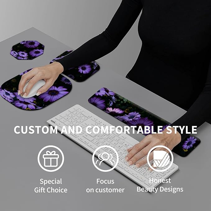 Keyboard Wrist Rest and Mouse Pad Set Keyboard Wrist Support + Small Mouse Pad + Elbow Arm Rest Pad + Coaster Ergonomic Memory Foam Wrist Rest for Computer Keyboard Purple Daisy Flowers