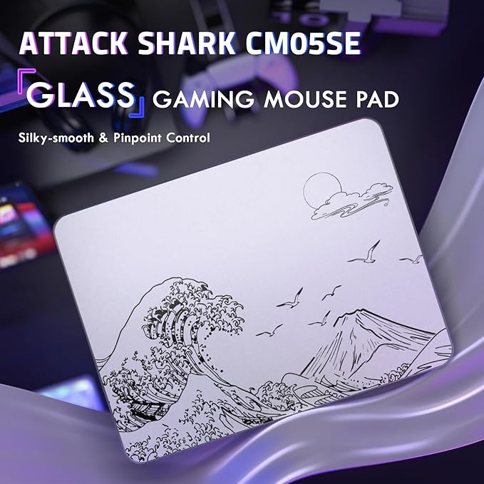 ATTACK SHARK CM05SE Glass Mousepad for Gaming Ultra Smooth Mouse Mat with Nano-Textured Surface Tempered Glass Mouse Pad Precision Speed Control for Games and Office (White Wave 16.1 L x 12.2 W)
