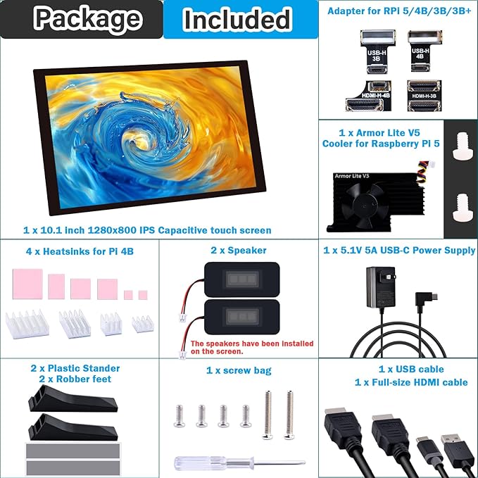 GeeekPi 10.1 inch Capacitive Touchscreen for Raspberry Pi HDMI Monitor IPS 1280X800 LCD Display with Dual-Speaker for Raspberry Pi 5/4B/3B+/3B/B+ with Mount Hole to Install Raspberry Pi Board