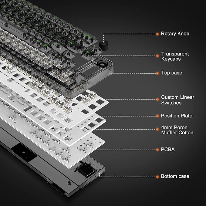 65% Hot-Swap Wired Mechanical Gaming Keyboard Programmable with Transparent 66 Key Full Side RGB OWERTY Linear Ice White Switch Custom Coiled C to A Cable Media Knob 2-IN-1 Case for WIN/PC/MAC(Black)