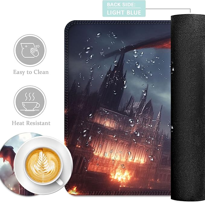 Keyboard Mouse Pad Set Extended Gaming Mouse Pad+Ergonomics Keyboard Wrist Rest Support Memory Foam Easy Typing Pain Relief 4Pcs XL Ultra Thick Desk MatDragon Over Burning Castle