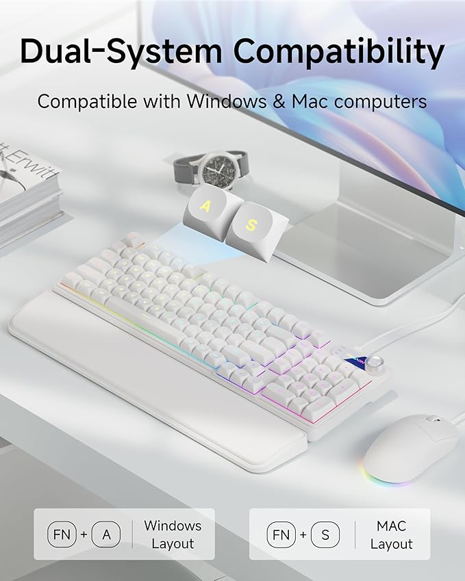 C98 Gaming Keyboard and Mouse Wired PC Gaming Keyboards with Multimedia Knob Wrist Palm&amp 3200 DPI RGB Backlit Computer Keyboard Quiet Membrane Gaming Keyboard for Windows/MAC/Laptop (White)