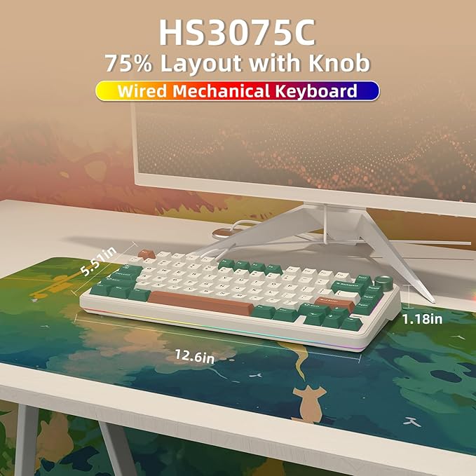 75% Retro Green Wired Hot Swappable Mechanical Keyboard with Metal Knob | Mount Gasket | Programmable RGB Backlit &amp Adjustable Side Light (KTT Brown Switch)