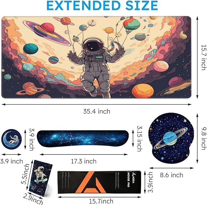 AQQA 5-in-1 Large Gaming Mouse Pad Mousepad with Wrist Support Set- Ergonomic Gaming Desktop Mouse Pad Wrist Rest - Cup Coaster Keyboard Mouse Mat Desk Pad with Stitched EdgesUniverse