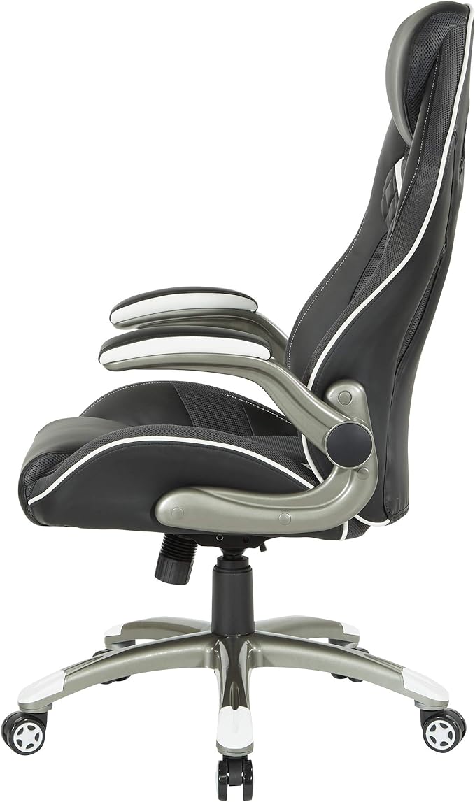 OSP Home Furnishings Xplorer 51 Ergonomic Adjustable High Back Gaming Chair with Lumbar Support and Padded Flip Arms Black Faux Leather with White Trim