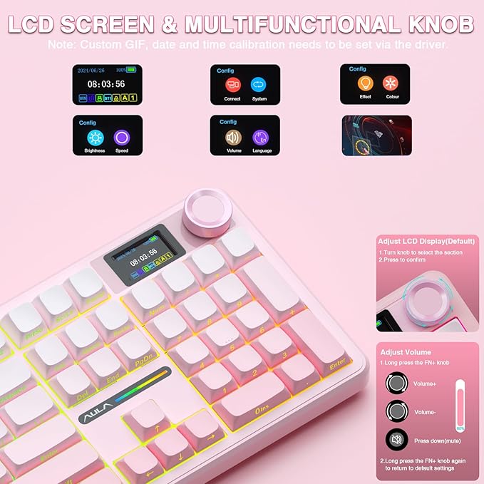 AULA F108 PRO - Wireless Mechanical Keyboard with Screen &amp KnobFull Size Keyboard with 8000mAh BatteryPre-lubed SwitchesSide Printed PBT KeycapsRGB Backlit Hot Swappable Custom Pink Keyboards