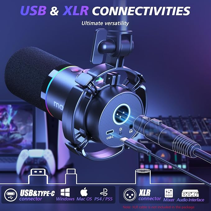 MAONO XLR/USB Dynamic Microphone Kit RGB Podcast Mic with Software Mute Gain Knob Volume Control Boom Arm for Streaming Gaming Voice-Over Recording-PD200XS Black