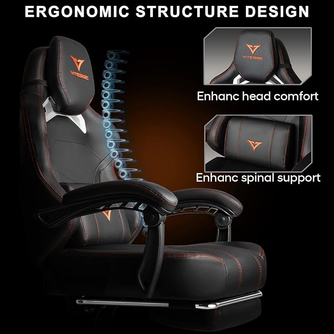 VITESSE Big and Tall Gaming Chair 400lb Weight Capacity with Footrest Ergonomic Video Game Chair for Adults with Oversized Headrest and Lumbar Pillow Computer Chair Gaming for Office (Black+Orange)