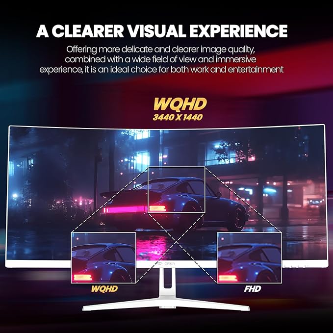 CRUA 34 Curved Gaming Monitor WQHD 3440x1440 120Hz Computer Monitors 1500R VA Screen 120% sRGB AMD FreeSync Blue Light Filter HDMI 2.0 &amp DP 1.4 Wall Mountable Installs- White
