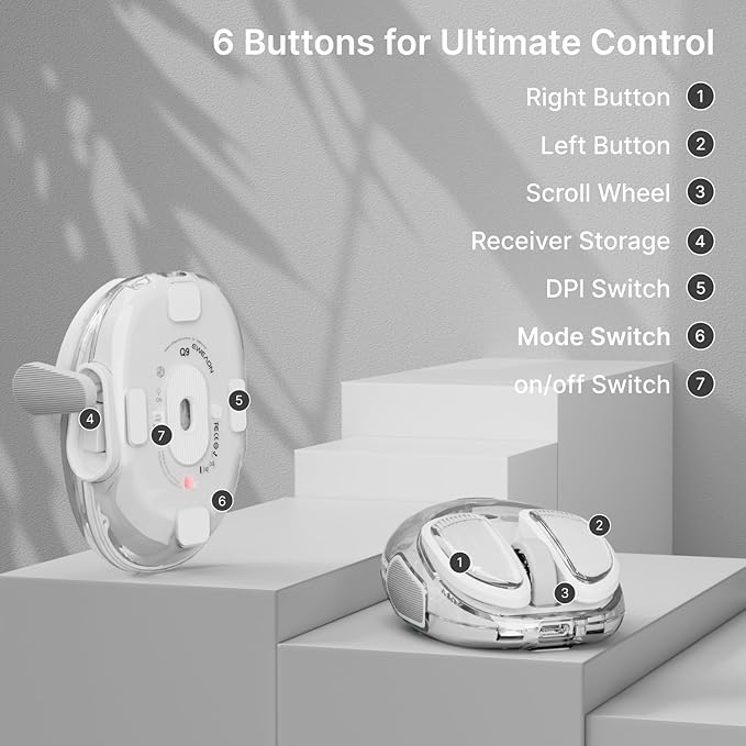 EWEADN Q9 Wireless Clear Mouse Dual Mode Bluetooth &amp 2.4G USB Computer Mouse with RGB Lighting Silent Clicks Multi-Device Compatibility for Laptop PC MacBook iPad Cute Mouse-White