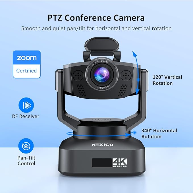 Zoom Certified NexiGo N990 (Gen 2) 4K PTZ Webcam Video Conference Camera System with 5X Digital Zoom Sony_Starvis Sensor Position Preset Dual Stereo Mics 3.5mm Audio Jacks for External Mics