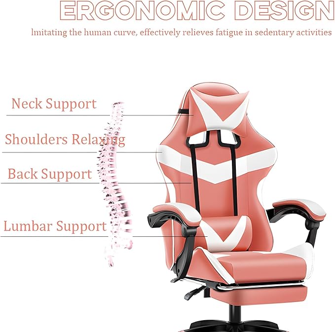 Ergonomic Gaming Chair with FootrestPu Leather Video Game Chairs for Adults 360°Swivel Adjustable Office ChairComfortable Game Lumbar Headrest Backrest RecliningPink+WhitePedals