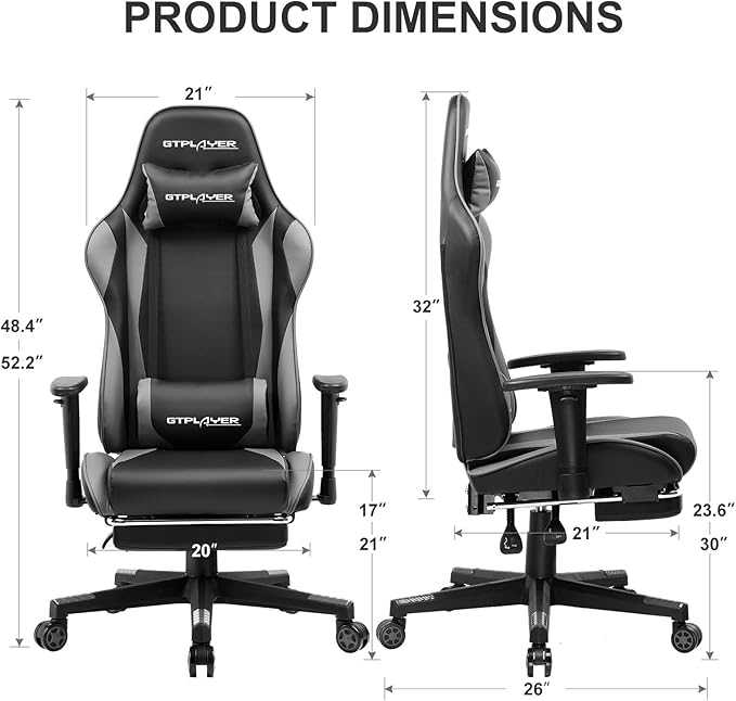 GTPLAYER Gaming Chair with Footrest Ergonomic Computer Game Desk Chair Reclining Gamer Chair Seat Height Adjustment Swivel Rocker with Headrest and Lumbar (Gray)