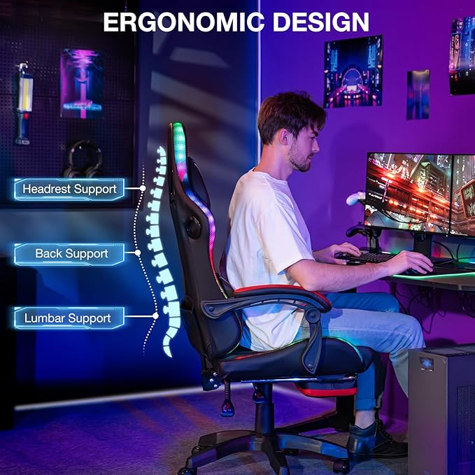 HOFFREE LED Gaming Chair with Speakers and Massage Video Game Chair Big and Tall with Footrest Gamer Chair for 400lbs Computer Desk Chair Red and Black Red+black HOGC-MAX303