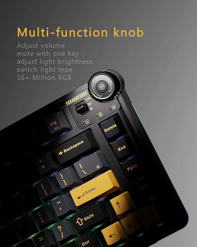 AU75 Wireless Mechanical Keyboard x Aula 75% Hot-Swappable RGB Gaming Keyboard with Multi-Device Connectivity Customizable LED Backlit Knob Control PBT Keycaps for Windows Mac PC Tablet