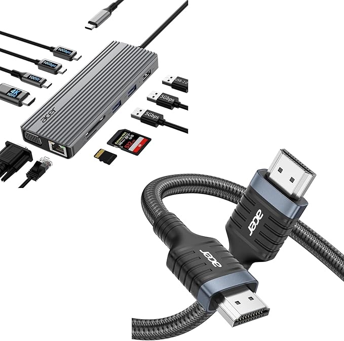Acer 11 in 1 USB C HUB Bunlbe with acer 8K HDMI 2.1 Cable (8K@60Hz 6.6FT)