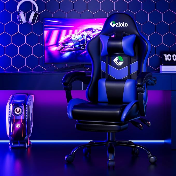Gaming Chair with Footrest Racing Style Lumbar Support Massager Video Game Chair with Metal Legs High Back Gamer Chair with Headrest 360° Swivel Office Computer Desk Chair Bright Blue