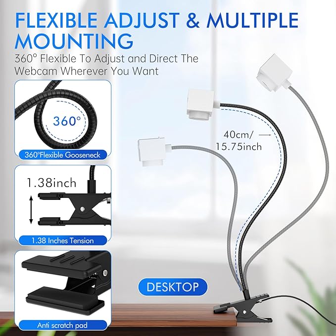 Webcam for PC Laptop Camera USB Webcam with Adjustable Gooseneck Flexible Positioning 1080P Computer Camera for Presentation Desktop Demo Full-Body View Video Call Zoom Teams Skype (White)