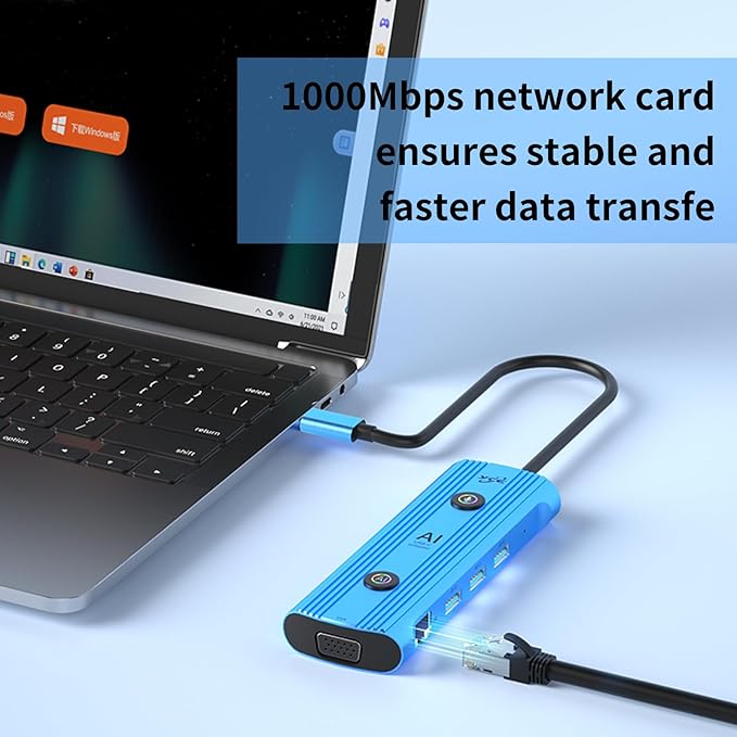 AI USB C Hub 12-in-1 Aluminum Blue Hub with GPT Voice Input 100W HDMI 4K VGA USB 3.0 Card Reader for MacBook HP Dell 0.48x0.15x0.06 Inches