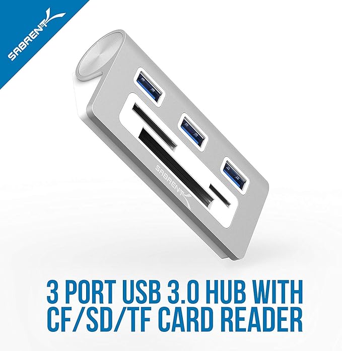 SABRENT Premium 3 Port Aluminum USB 3.0 Hub with Multi in 1 Card Reader (12 Cable) for iMac All MacBooks Mac mini or Any PC (HB-MACR)